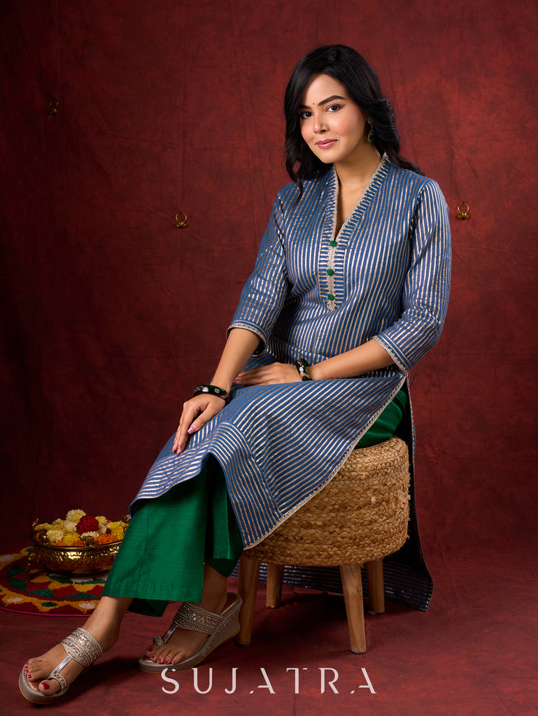 Midnight Blue Brocade Kurta with Subtle Stripes & Minimal Embellishments