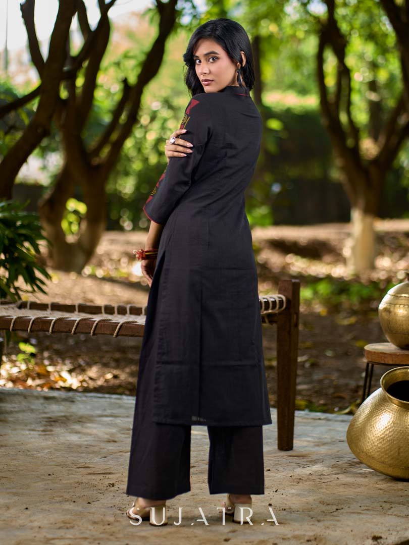 Elegant Black Cotton Kurta with Intricate Geometric Hand Block Print