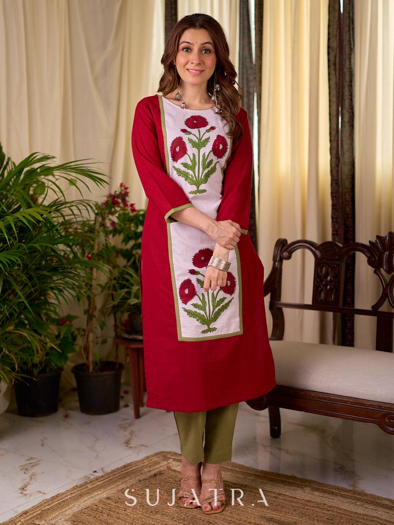 Crimson Cotton Straight Kurta with White Floral Panel and Olive Trim Detail