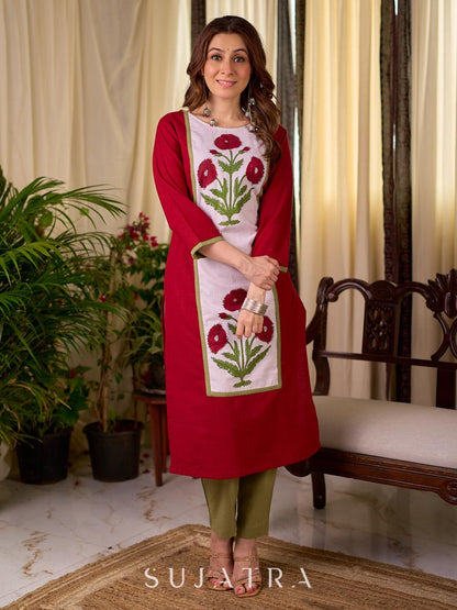 Crimson Cotton Straight Kurta with White Floral Panel and Olive Trim Detail