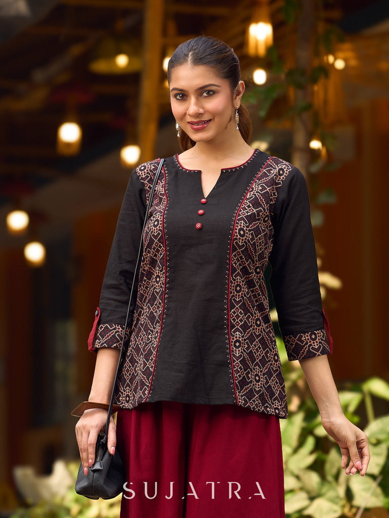 Chic Black Cotton Top Adorned With Geometric Ajrakh Panels And Artistic Hand Painted Highlights
