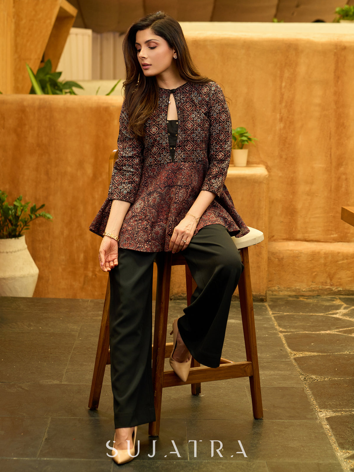 Boho Black Ajrakh Flared Cotton Top with Delicate Embellishments