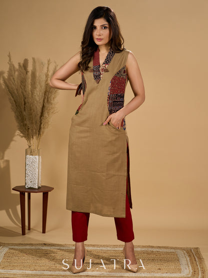 Earthy Ecru Kurta with Ajrakh Patchwork and Wooden Buttons