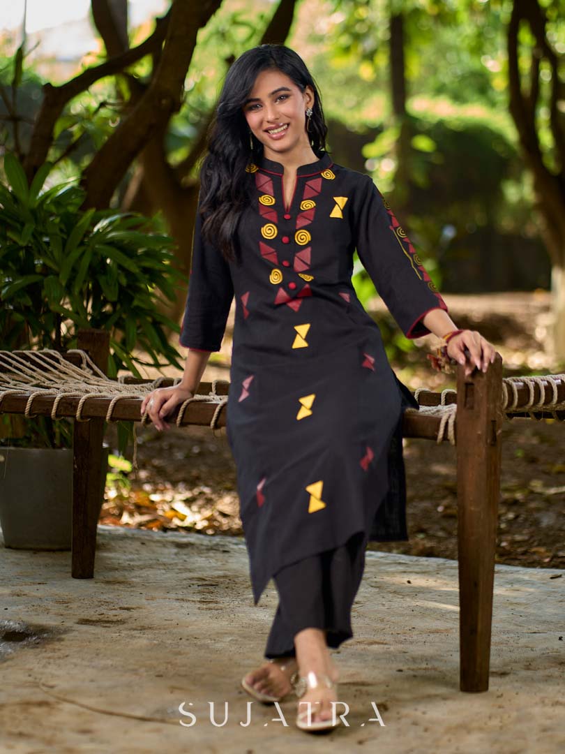 Elegant Black Cotton Kurta with Intricate Geometric Hand Block Print