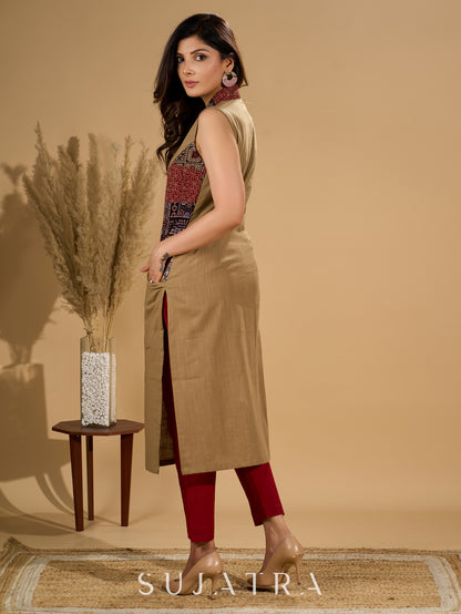 Earthy Ecru Kurta with Ajrakh Patchwork and Wooden Buttons