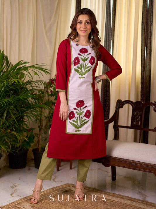 Crimson Cotton Straight Kurta with White Floral Panel and Olive Trim Detail