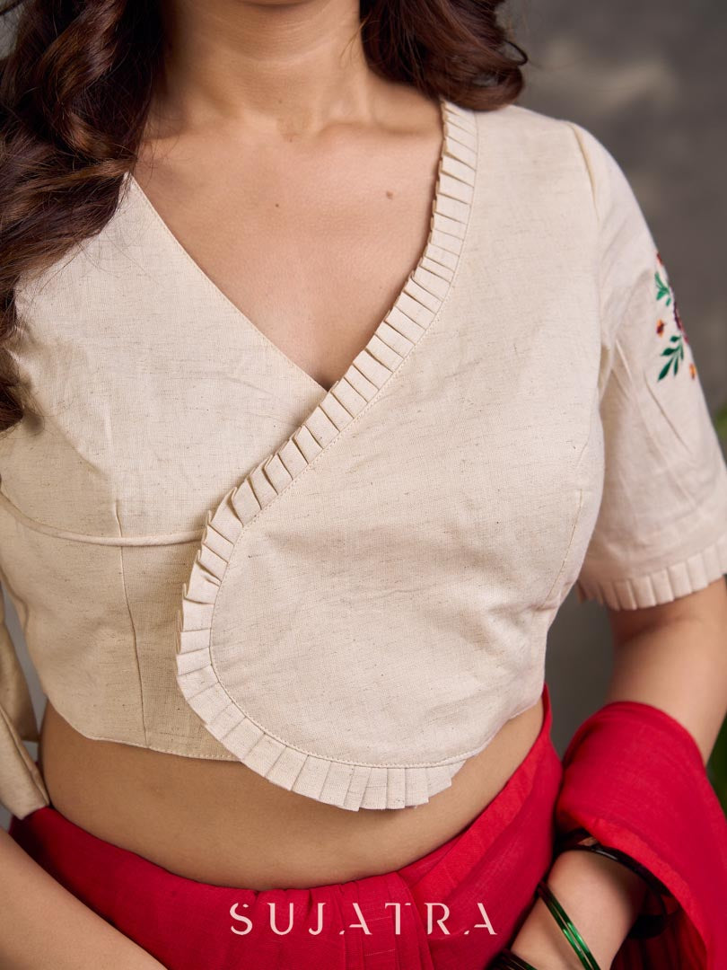 Ivory Cotton Blouse with Embroidered Floral Motif