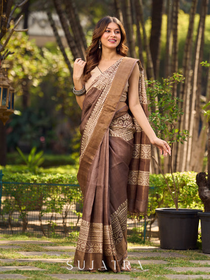 Elegant Earthy Pure Tussar Silk Block Print Saree featuring Heritage Prints and Natural Tones