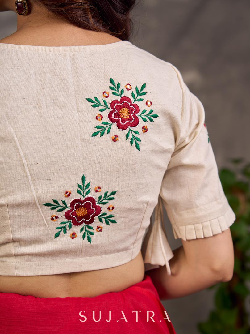 Ivory Cotton Blouse with Embroidered Floral Motif - Saree Optional