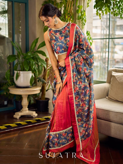 Classic Navy Saree Featuring Digital Rose Floral Print & Vibrant Red Tissue Contrast Border & Gold Trim