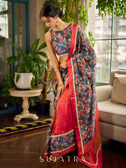 Classic Navy Saree Featuring Digital Rose Floral Print & Vibrant Red Tissue Contrast Border & Gold Trim