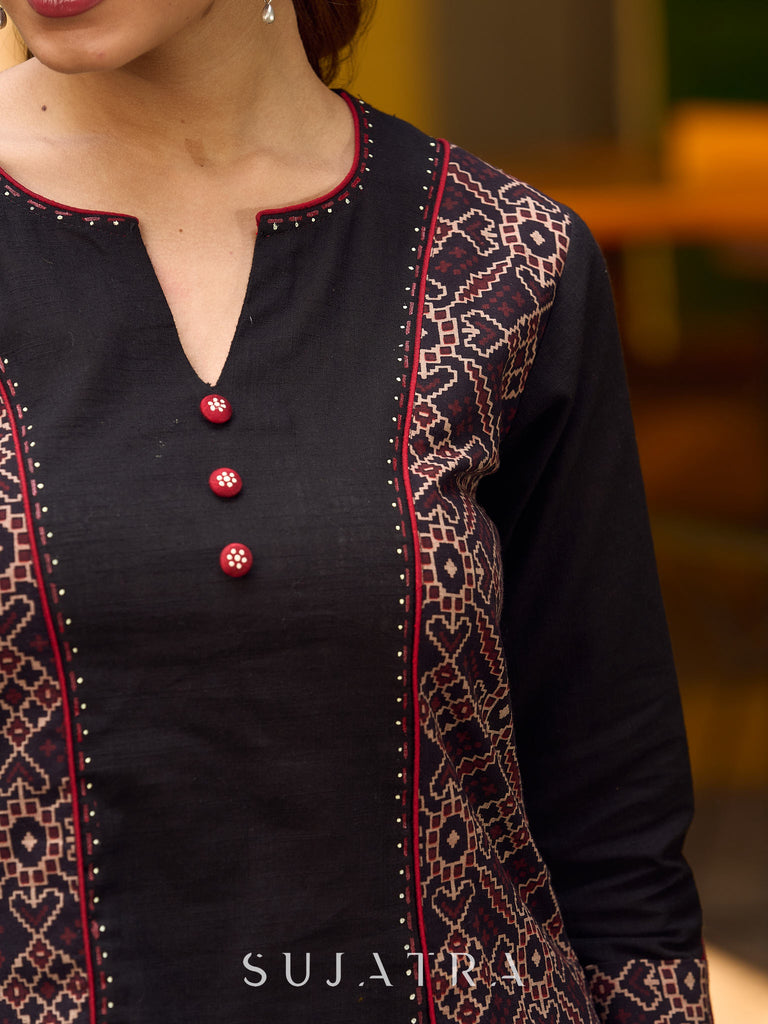 Chic Black Cotton Top Adorned With Geometric Ajrakh Panels And Artistic Hand Painted Highlights
