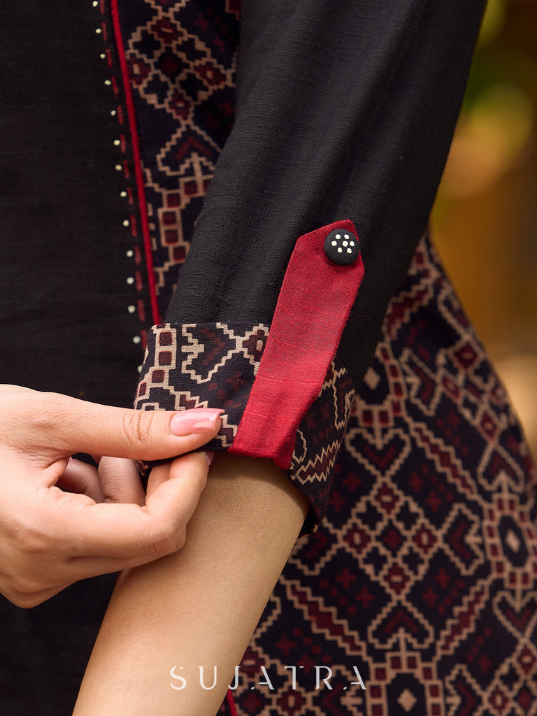 Chic Black Cotton Top Adorned With Geometric Ajrakh Panels And Artistic Hand Painted Highlights
