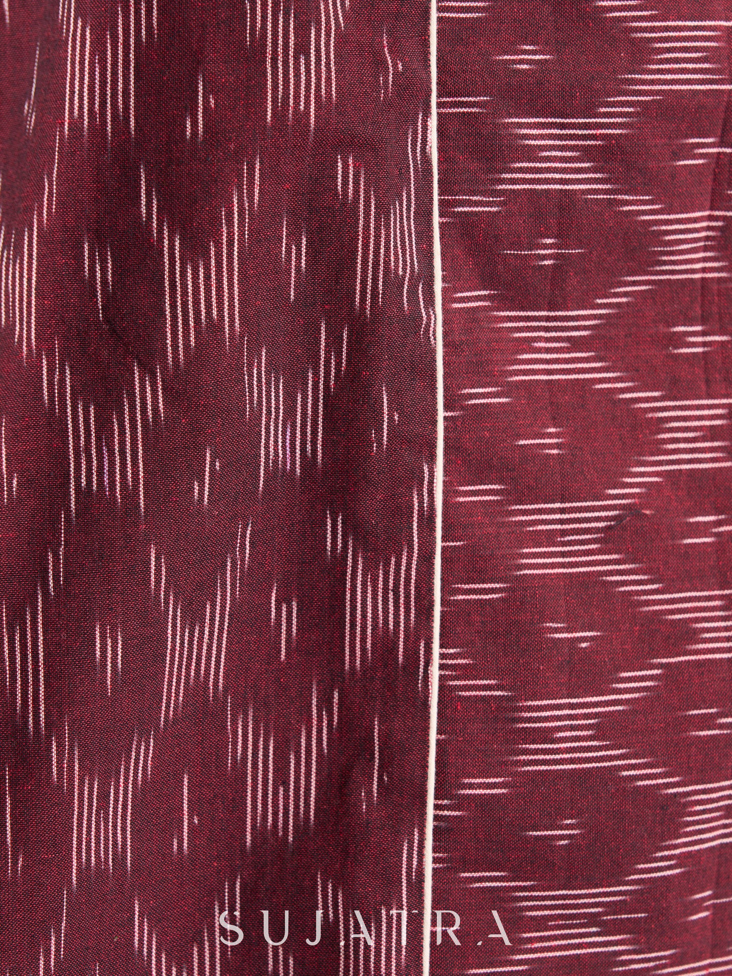 Sophisticated Maroon Ikat Cotton Kurta with Contrasting White Piping Accents