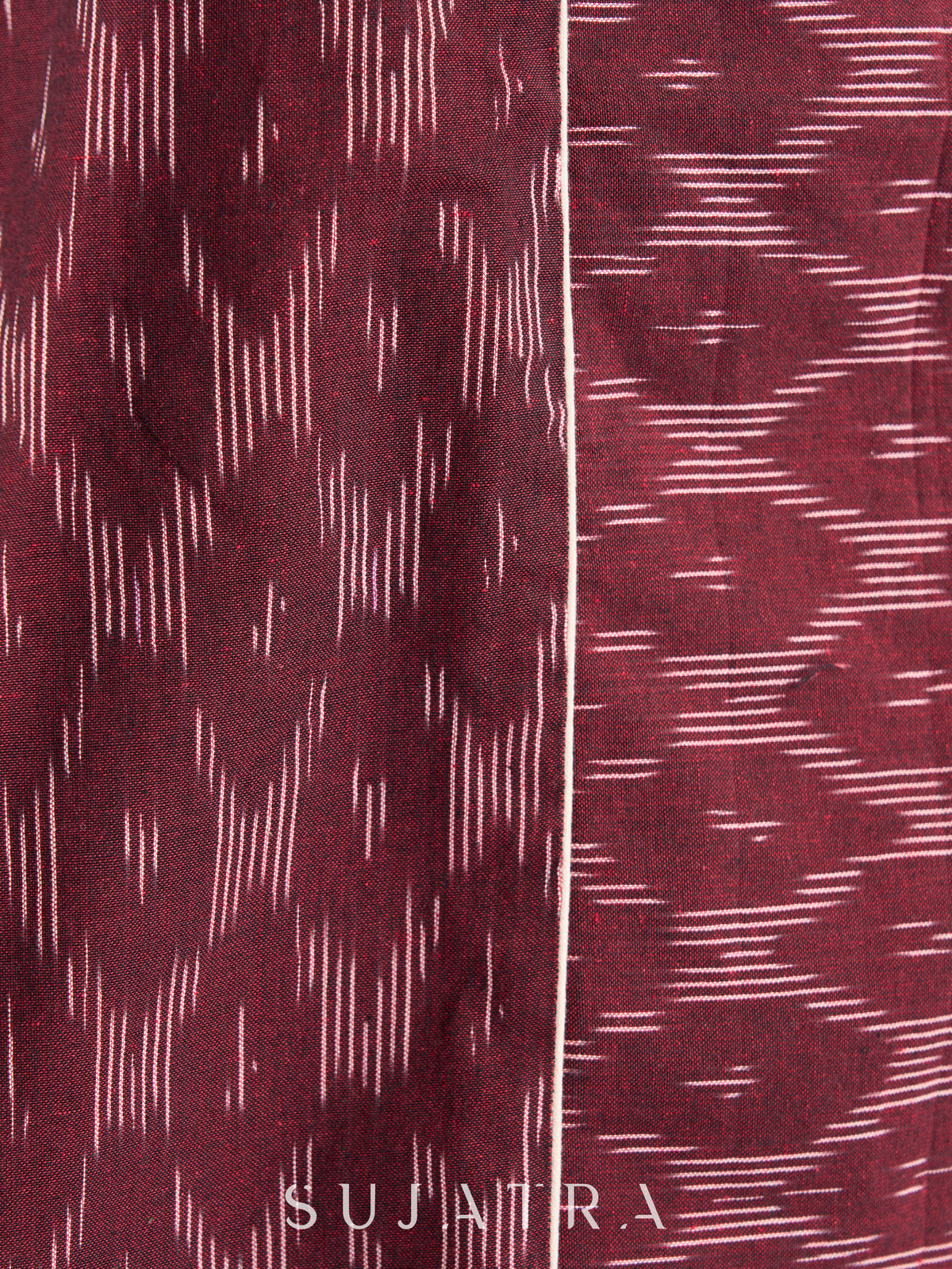 Sophisticated Maroon Ikat Cotton Kurta with Contrasting White Piping Accents - Pant Optional