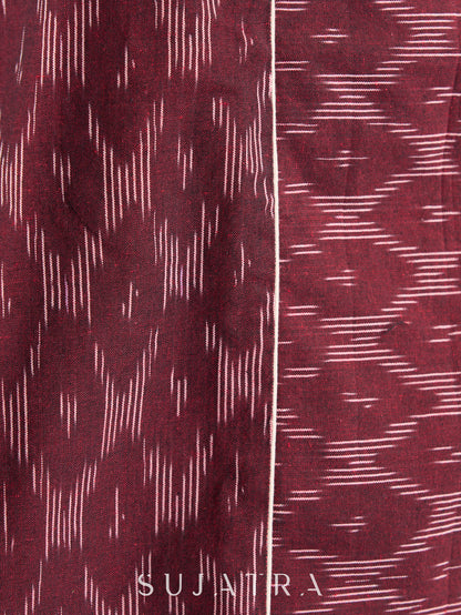Sophisticated Maroon Ikat Cotton Kurta with Contrasting White Piping Accents