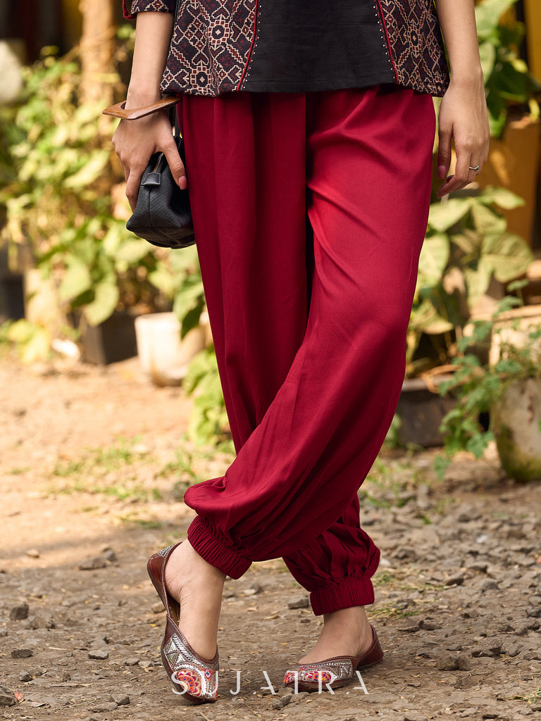 Chic Black Cotton Top Adorned With Geometric Ajrakh Panels And Artistic Hand Painted Highlights