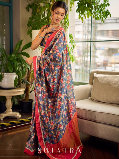 Classic Navy Saree Featuring Digital Rose Floral Print & Vibrant Red Tissue Contrast Border & Gold Trim