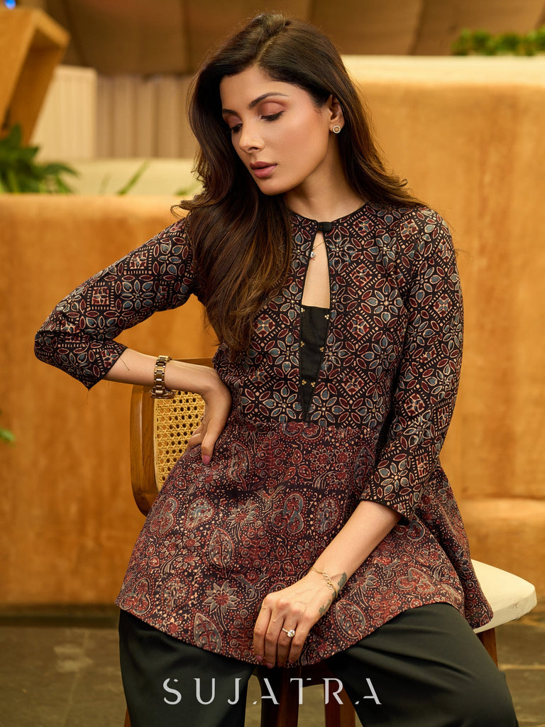 Boho Black Ajrakh Flared Cotton Top with Delicate Embellishments