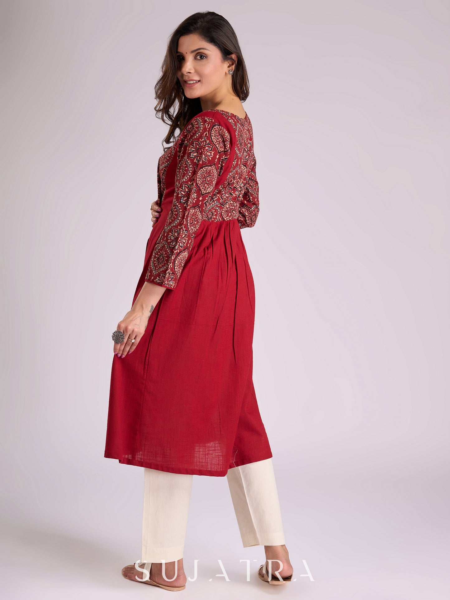 Graceful Gathered Maroon Cotton Kurta with Ajrakh Yoke, Sleeves & Intricate Kantha Handwork
