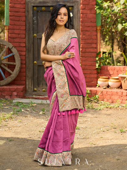 Orchid pink cotton saree with Madhubani border and vibrant tassels