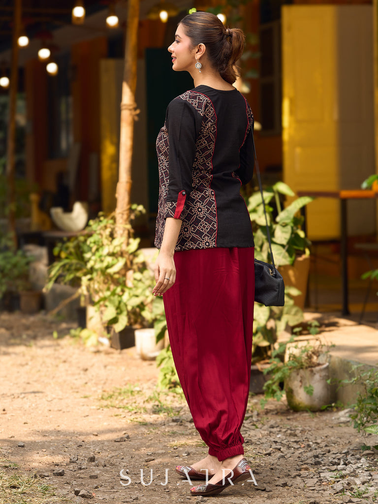 Chic Black Cotton Top Adorned With Geometric Ajrakh Panels And Artistic Hand Painted Highlights