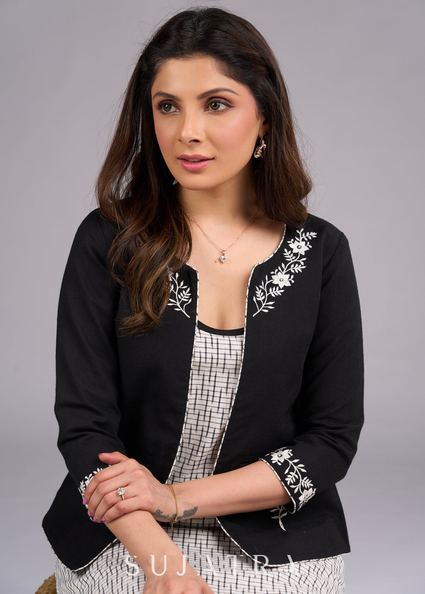 Classic Black Exquisite Embroidered Cotton Jacket with Pockets - Dress optional