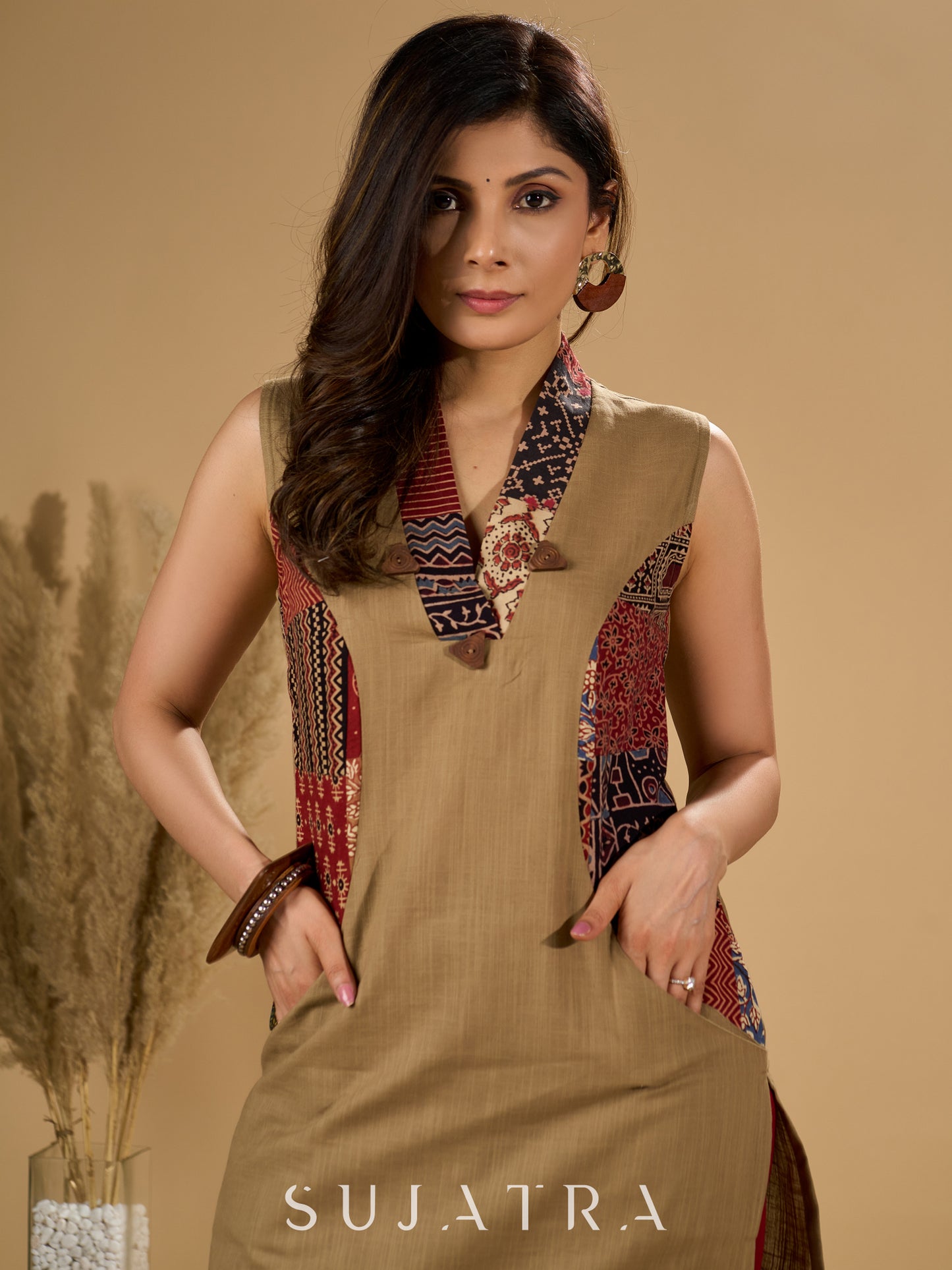 Earthy Ecru Kurta with Ajrakh Patchwork and Wooden Buttons