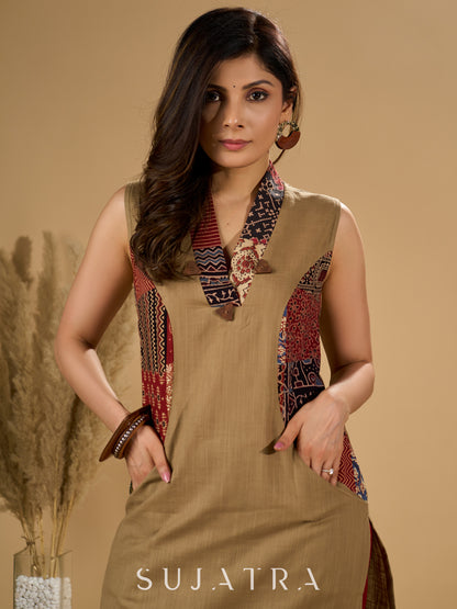 Earthy Ecru Kurta with Ajrakh Patchwork and Wooden Buttons