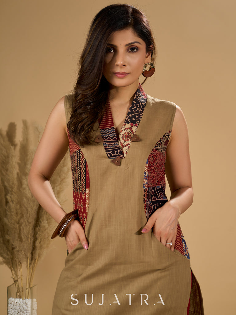 Earthy Ecru Kurta with Ajrakh Patchwork and Wooden Buttons