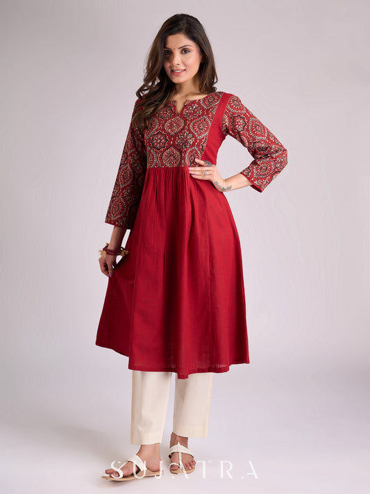 Graceful Gathered Maroon Cotton Kurta with Ajrakh Yoke, Sleeves & Intricate Kantha Handwork
