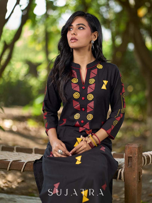 Elegant Black Cotton Kurta with Intricate Geometric Hand Block Print