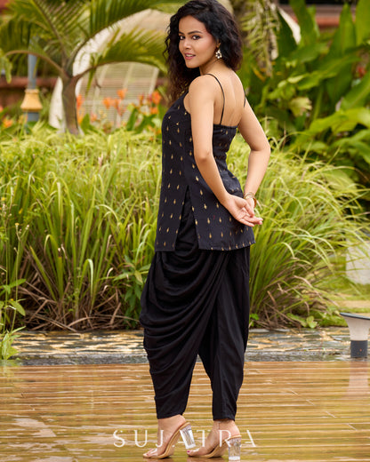 Graceful Black Silk Strappy Short Kurta Ensemble with Golden Butta - Dhoti pant Additional