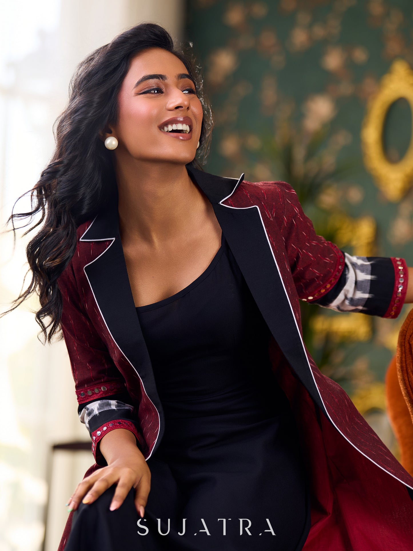 Elegant Maroon Ikat Jacket Featuring Black Collar and Delicate Mirror Lace Embellishments - Dress Optional