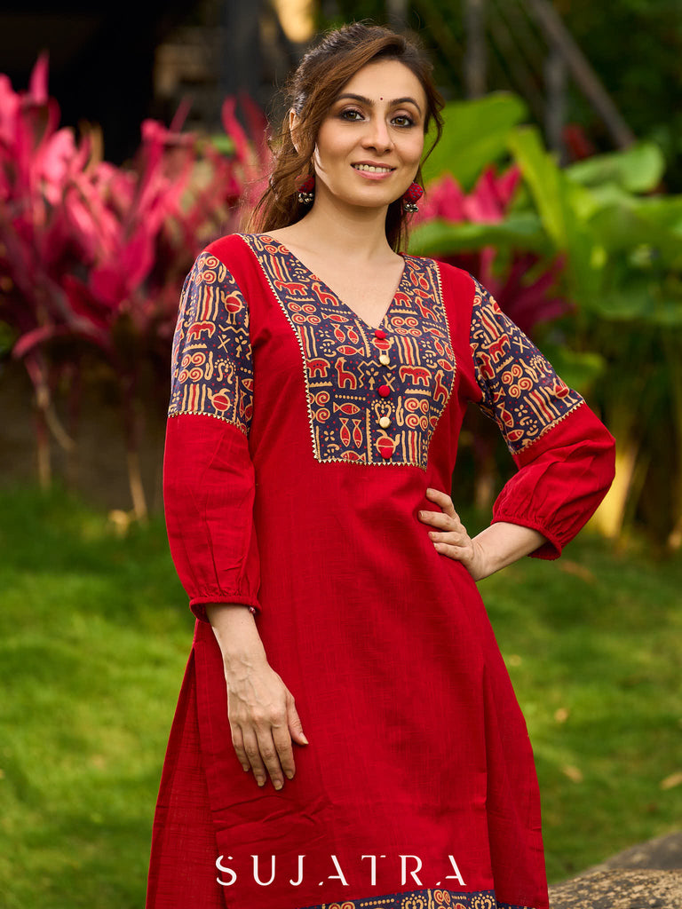 Red Cotton Kurta with Traditional Fish Print Motifs and Gold Accents