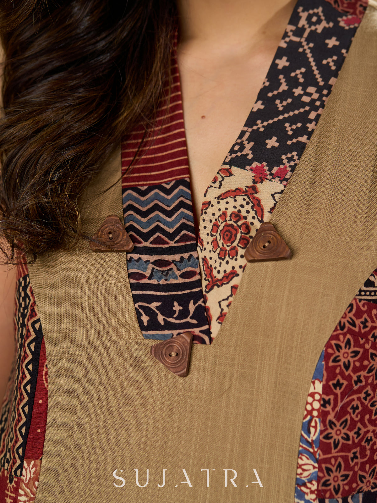 Dussehra Sale — Earthy Ecru Kurta with Ajrakh Patchwork and Wooden Buttons - Pant Optional
