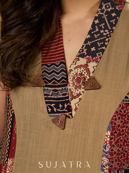 Earthy Ecru Kurta with Ajrakh Patchwork and Wooden Buttons