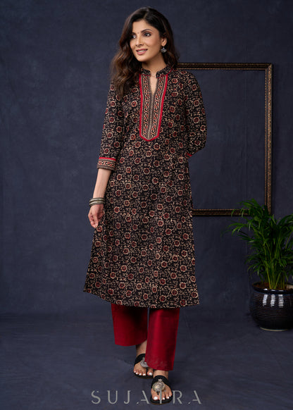 Trendy-Floral-Black-Cotton-Ajrakh-Straight-Cut-Combination-Kurta--Pant-Optional