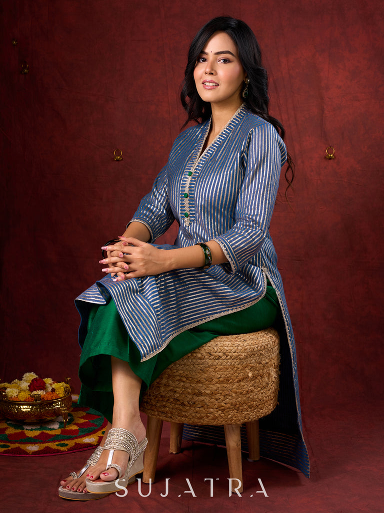 Midnight Blue Brocade Kurta with Subtle Stripes & Minimal Embellishments