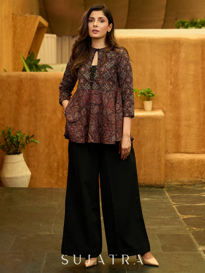 Boho Black Ajrakh Flared Cotton Top with Delicate Embellishments