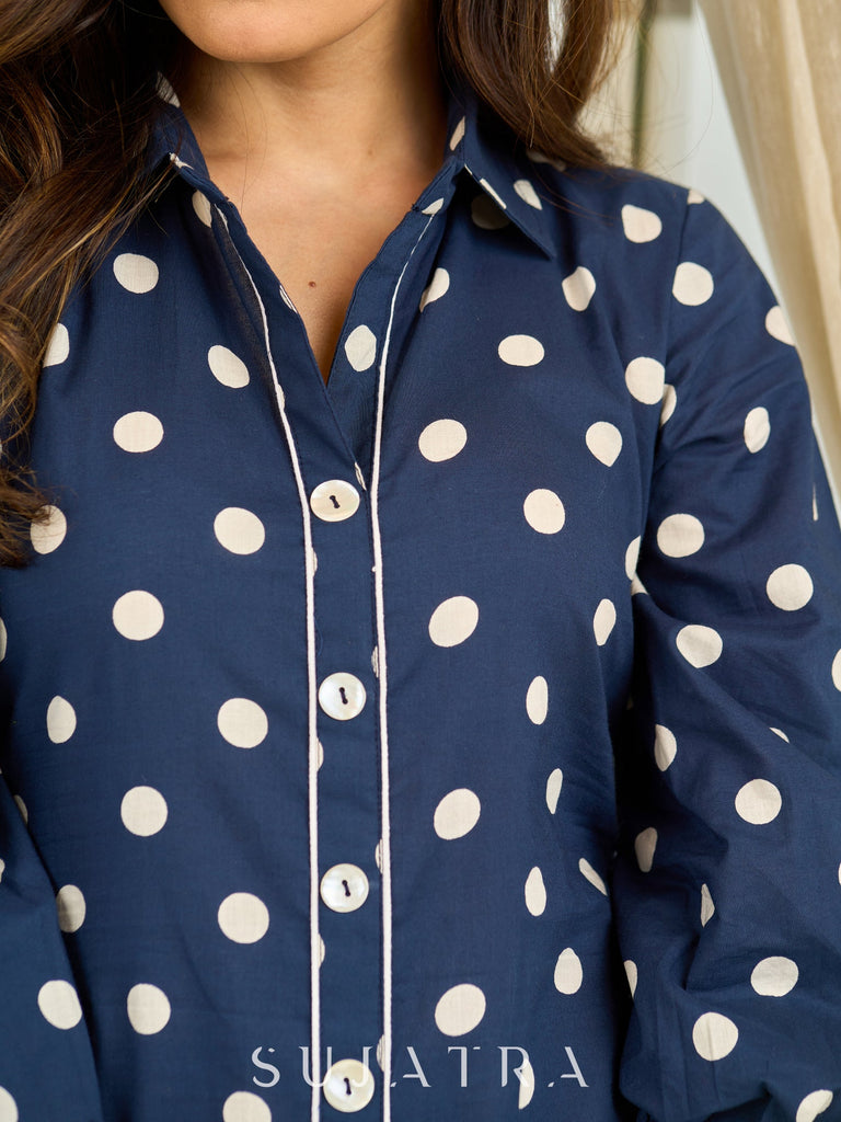 Playful Blue Polka-Dot Shirt Dress with Gathered Silhouette and Statement Shell Button Accents