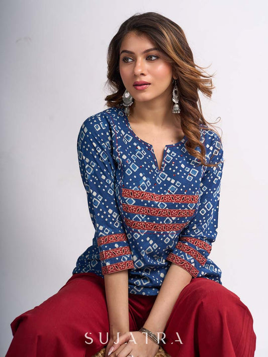 Indigo Geometric Printed Top with Ajrakh Border, Hand Kantha Stitches and Maroon Embellishments