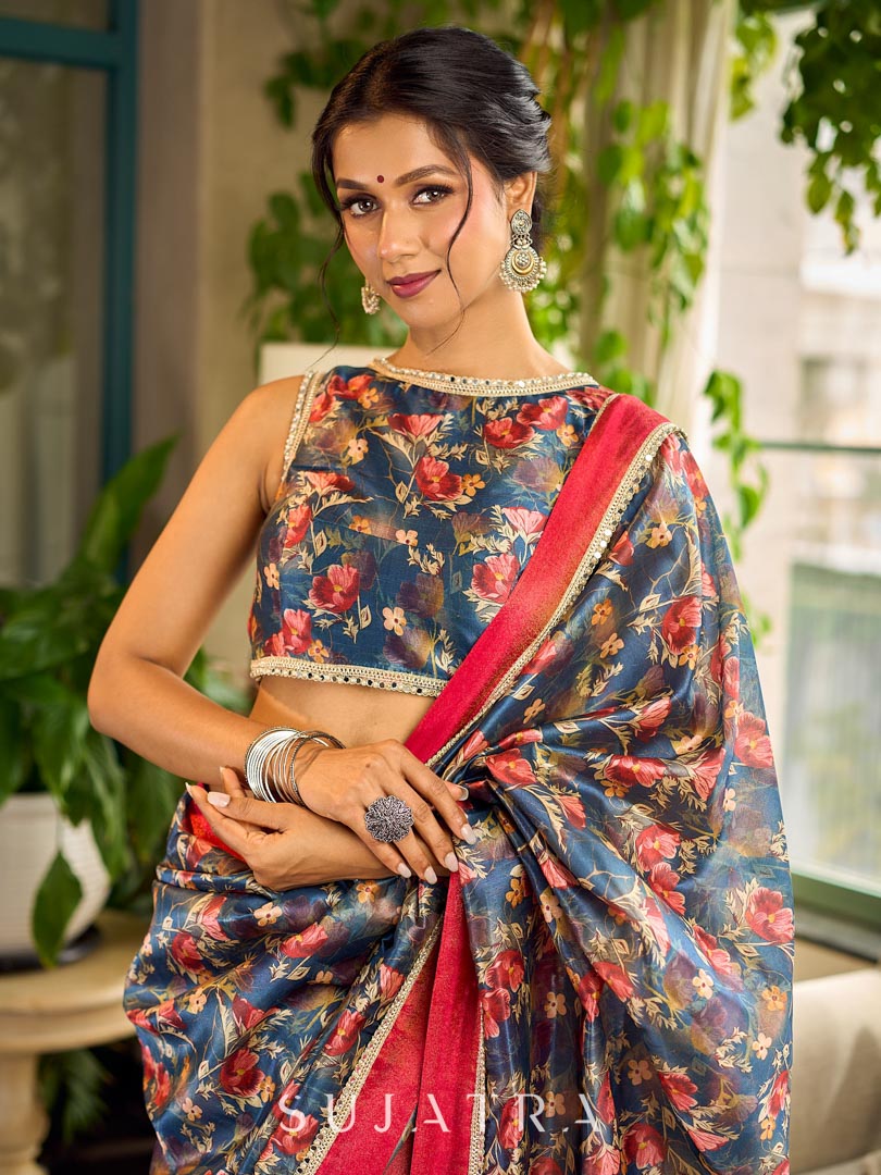 Classic Navy Saree Featuring Digital Rose Floral Print & Vibrant Red Tissue Contrast Border & Gold Trim