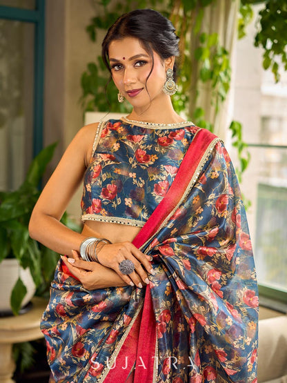 Classic Navy Saree Featuring Digital Rose Floral Print & Vibrant Red Tissue Contrast Border & Gold Trim