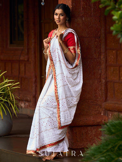 Refined White Georgette Chikankari Saree with Red-Gold Benarasi Border & Hand Embroidered Pallu