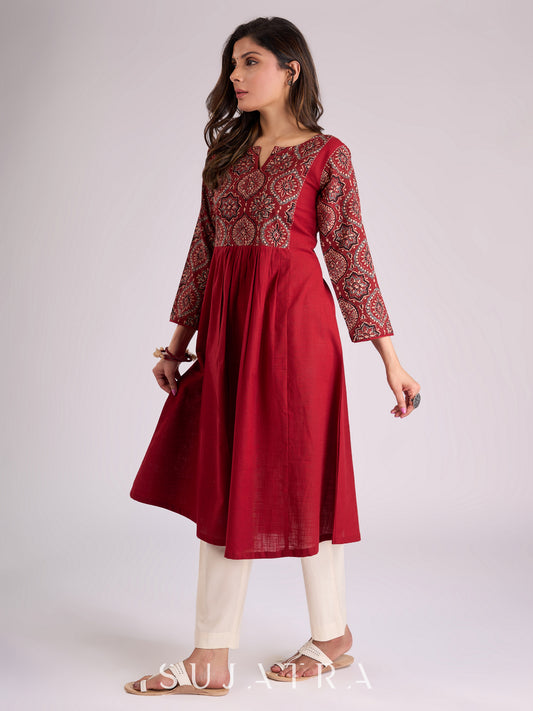 Graceful Gathered Maroon Cotton Kurta with Ajrakh Yoke, Sleeves & Intricate Kantha Handwork