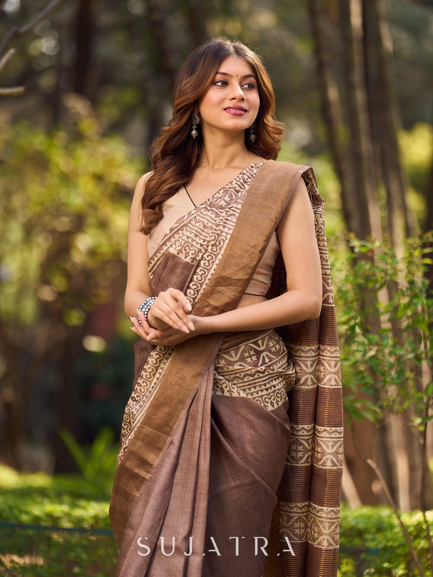 Elegant Earthy Pure Tussar Silk Block Print Saree featuring Heritage Prints and Natural Tones