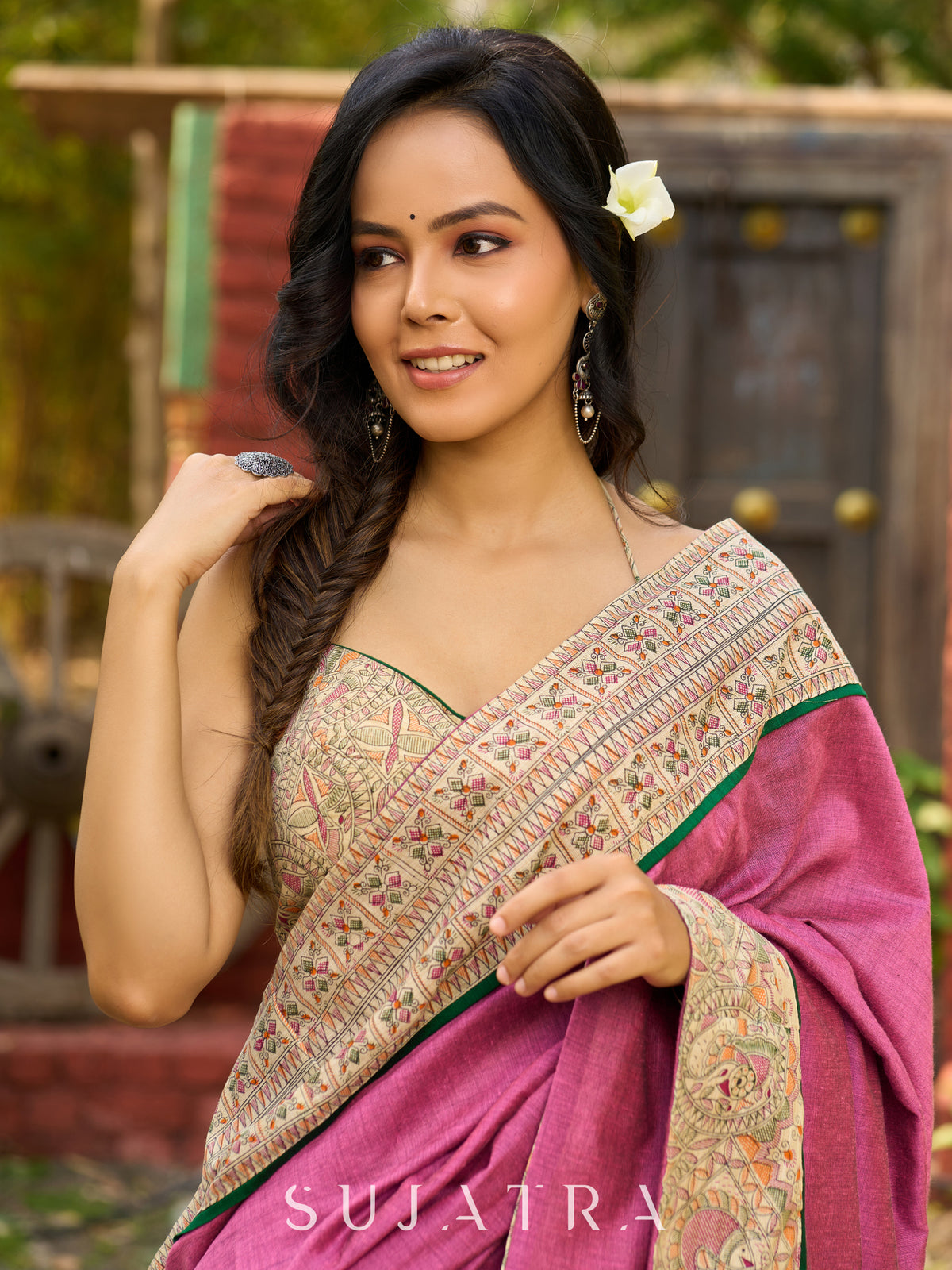 Orchid pink cotton saree with Madhubani border and vibrant tassels