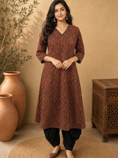 Elegant Deep Maroon Ajrakh Printed A-line Cotton Kurta