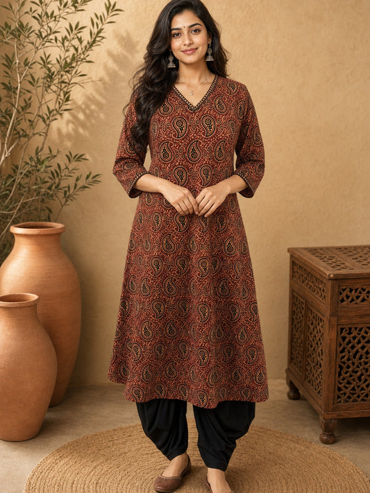 Elegant Deep Maroon Ajrakh Printed A-line Cotton Kurta